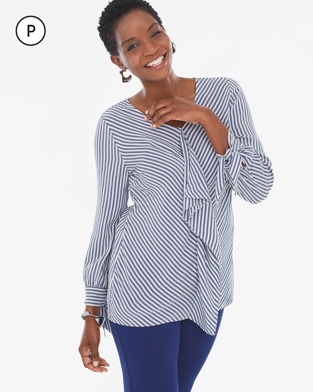 Petite Striped Ruffle-Front Tie-Sleeve Top