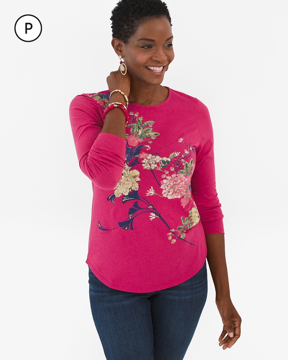 Petite Floral-Embroidered Long-Sleeve Top
