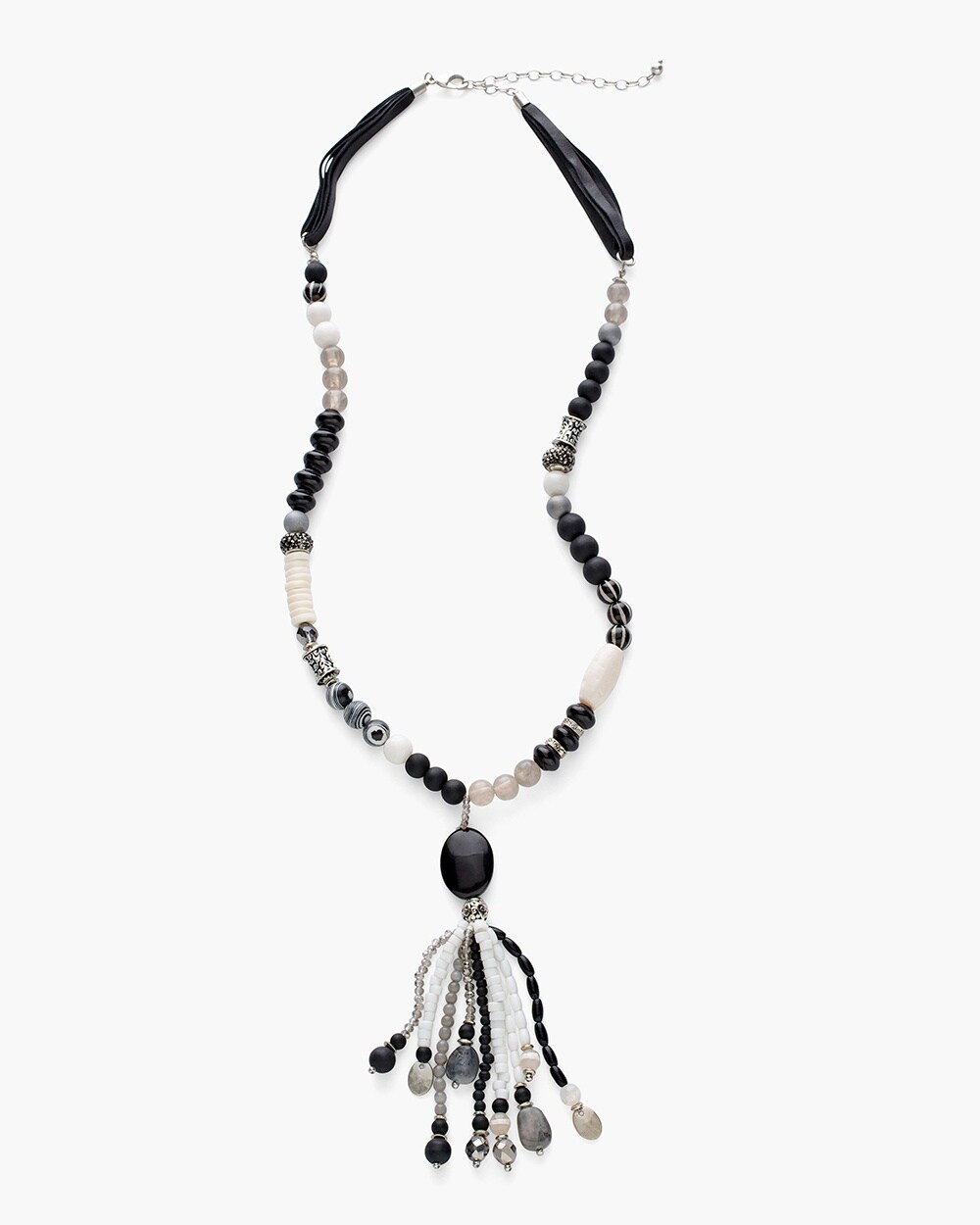 Long Black and White Tassel Necklace