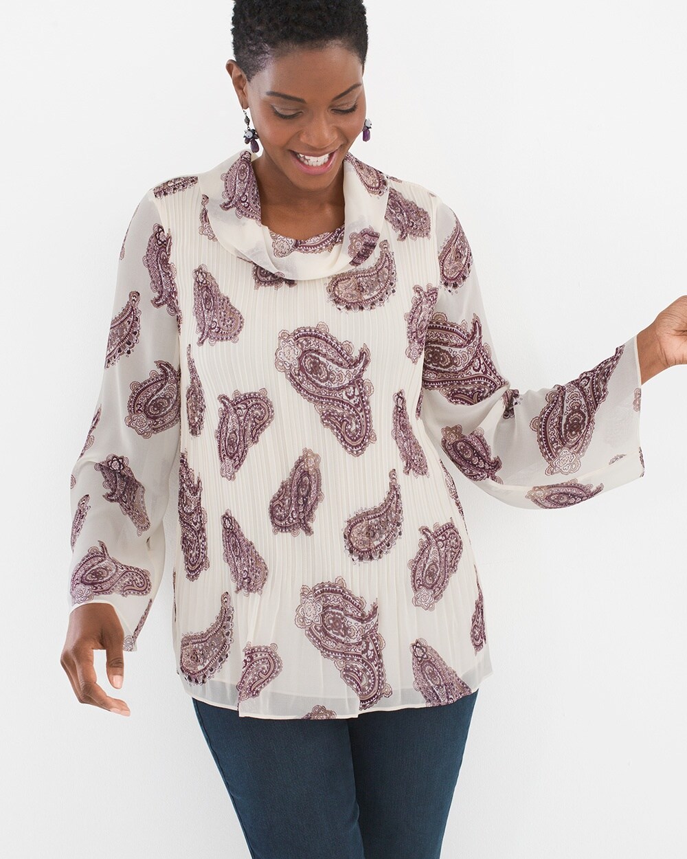 Pleated Paisley Cowl-Neck Top