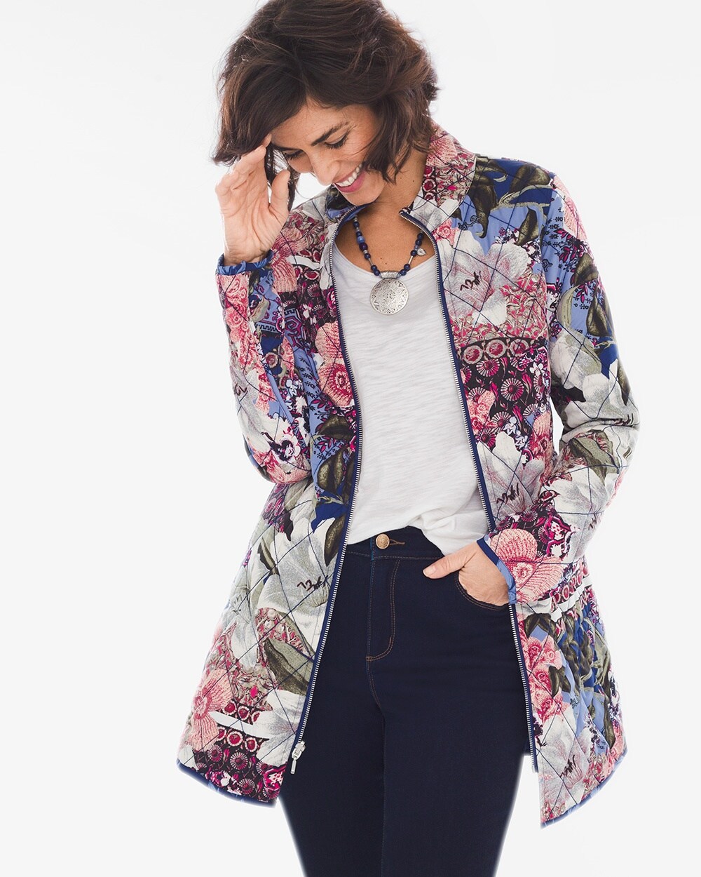 Reversible Blue Floral-Multi-Colored Floral Quilted Jacket