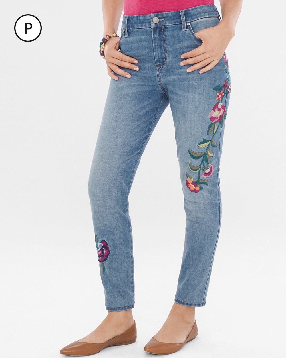 So Slimming Petite Floral-Embroidered Girlfriend Ankle Jeans