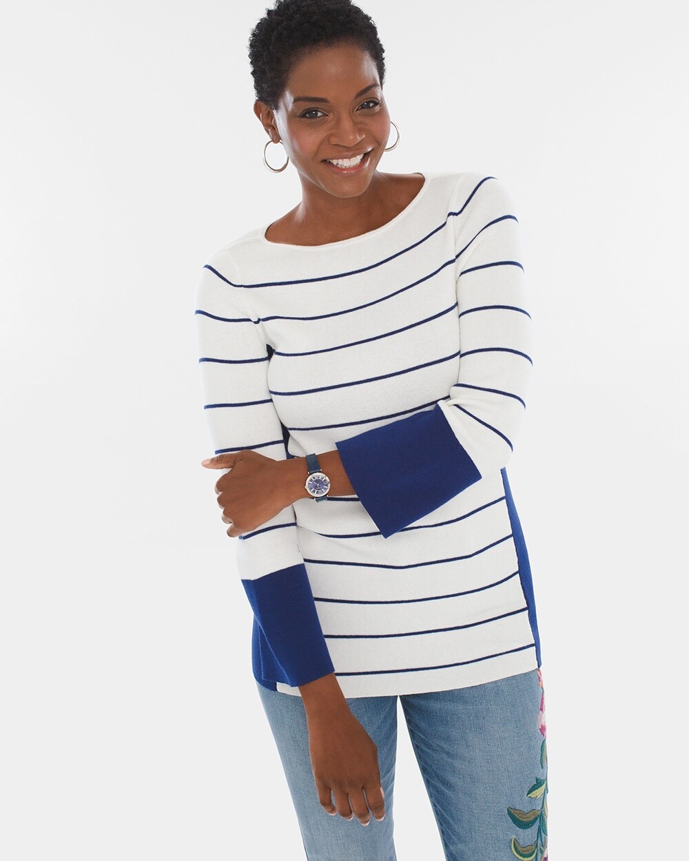 Coolmax Striped Flare-Sleeve Pullover Sweater