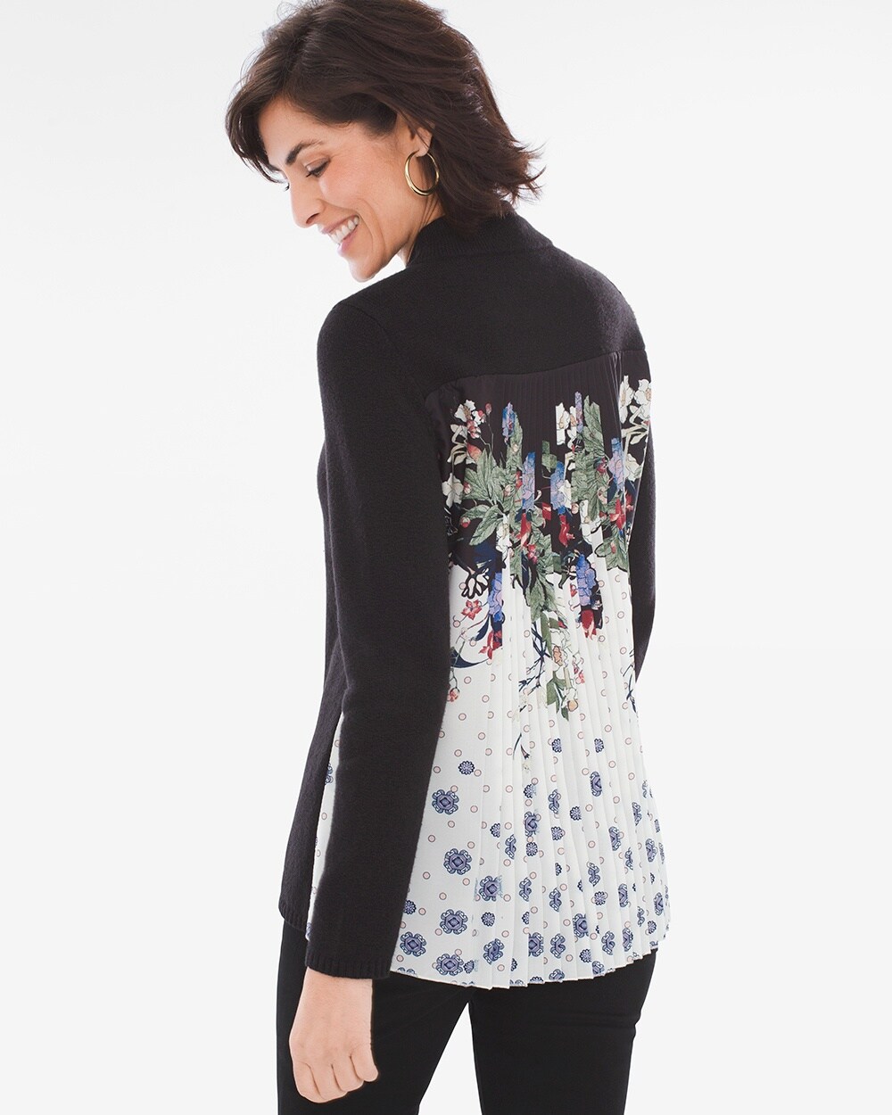 Pleat-Back Floral Mock-Neck Pullover Sweater