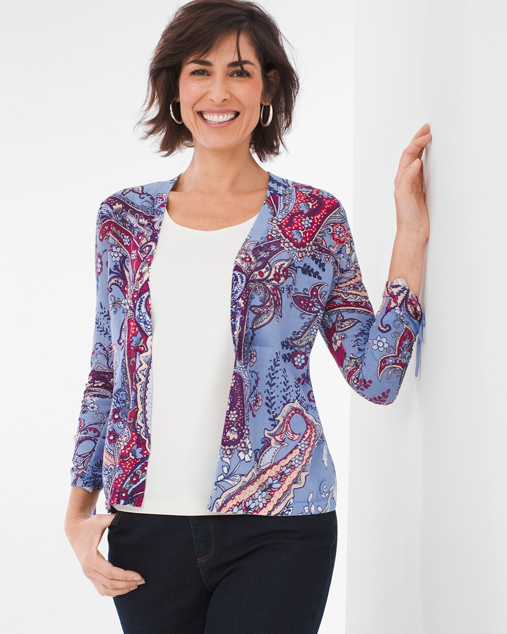 Paisley Ruched-Sleeve Cardigan