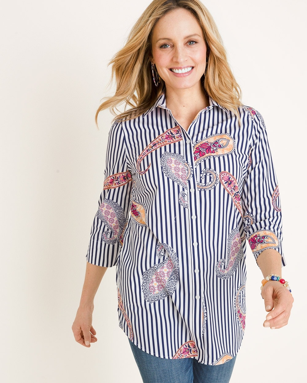 No-Iron Cotton Striped Mix-Print Pocket Tunic