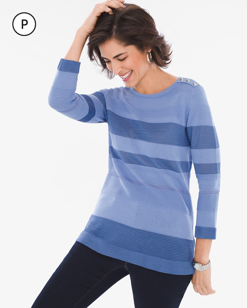Petite Textured Striped Button-Shoulder Pullover