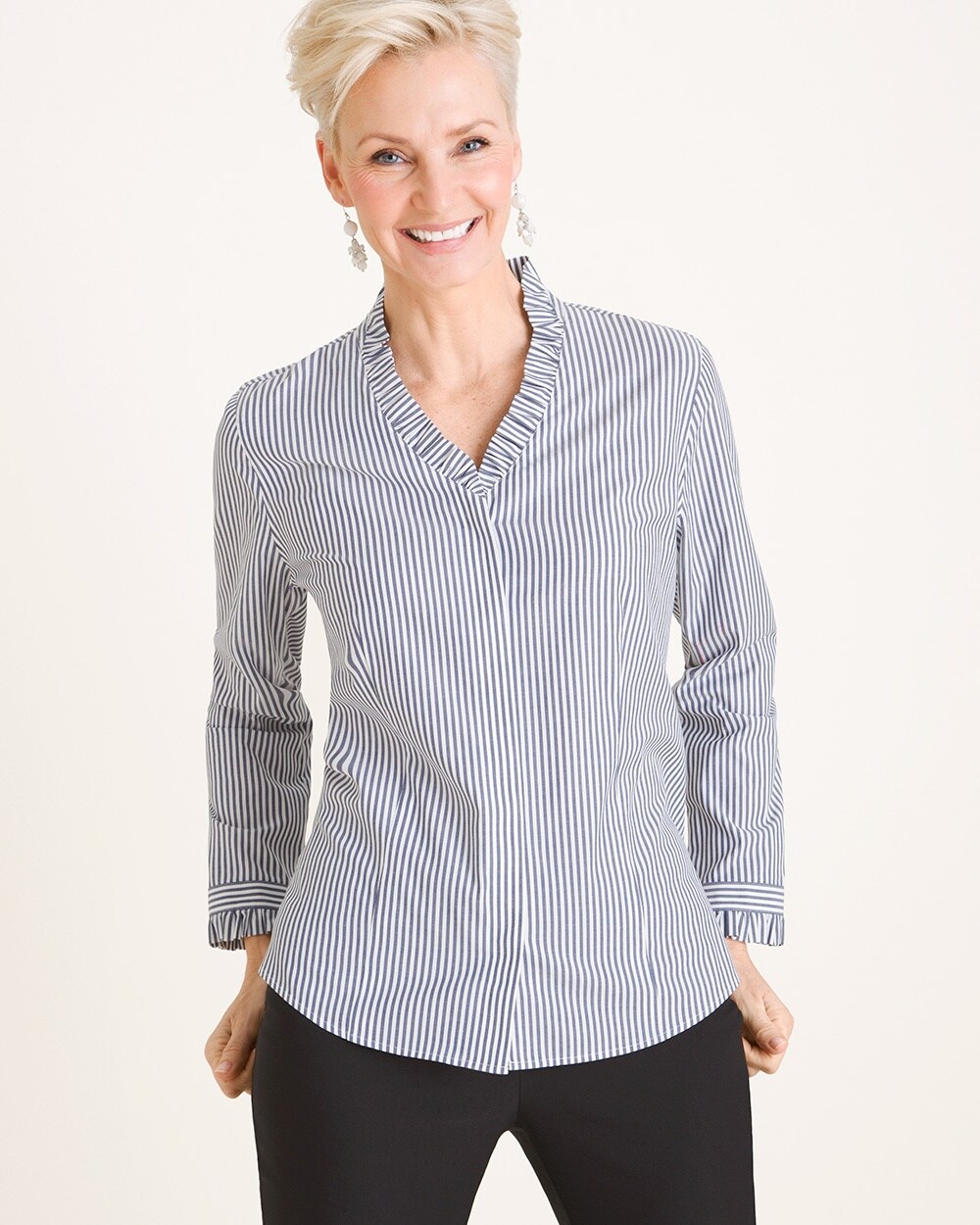 No-Iron Cotton-Blend Striped Ruffle-Detail Shirt