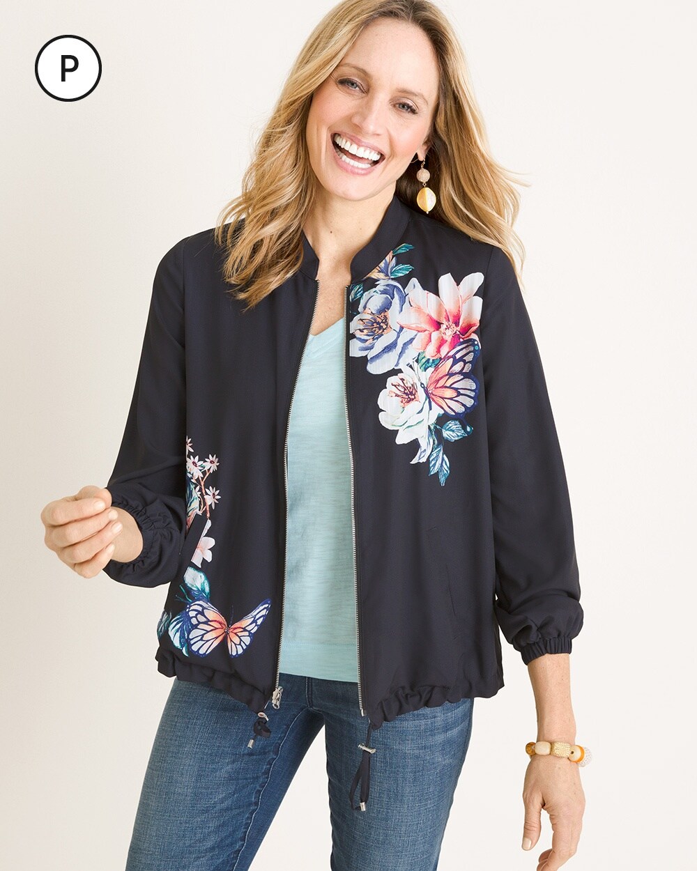 Petite Reversible Striped to Butterfly Garden-Print Bomber Jacket