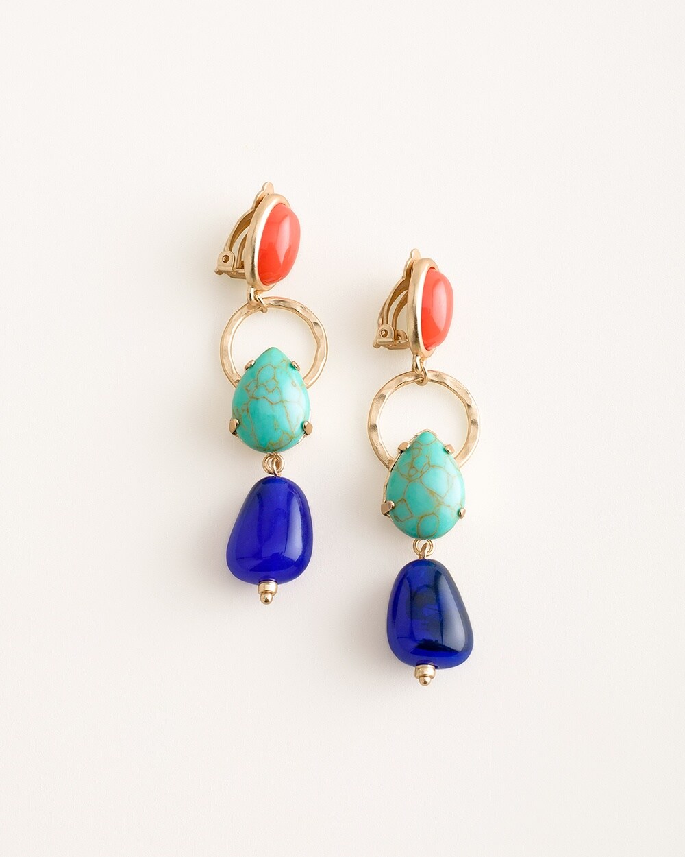Gold-Tone and Multi-Colored Beaded Clip-On Linear Earrings