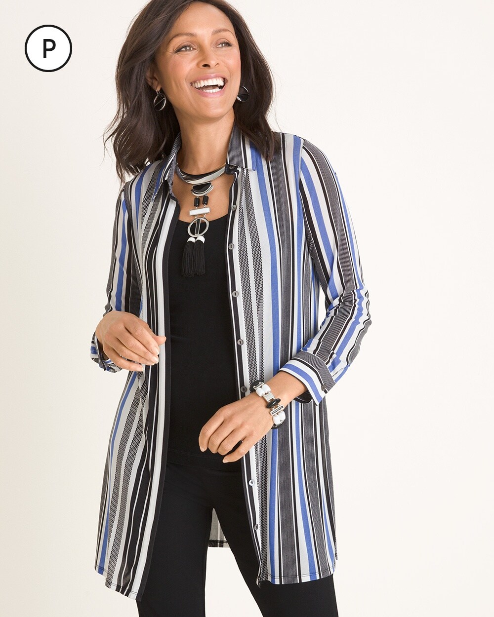 Travelers Collection Petite Striped Mesh Shirt Jacket