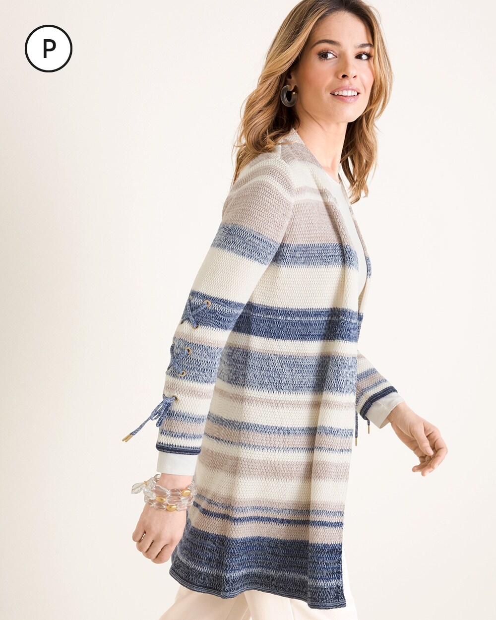 Petite Striped Lace-Up Sleeve Cardigan