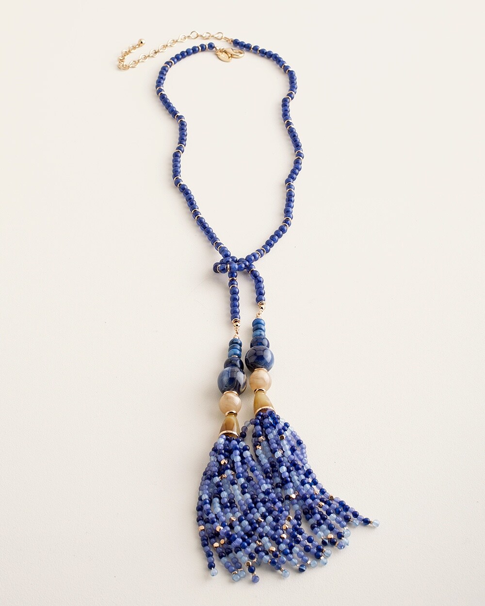 Long Blue and Neutral Tassel Necklace
