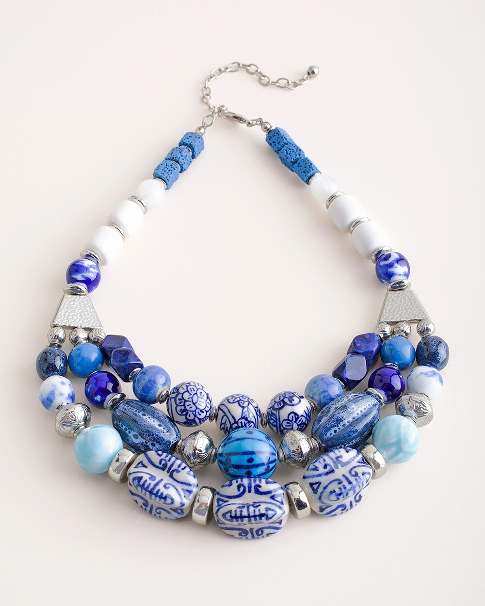 Short Blue and White Beaded Bib Necklace