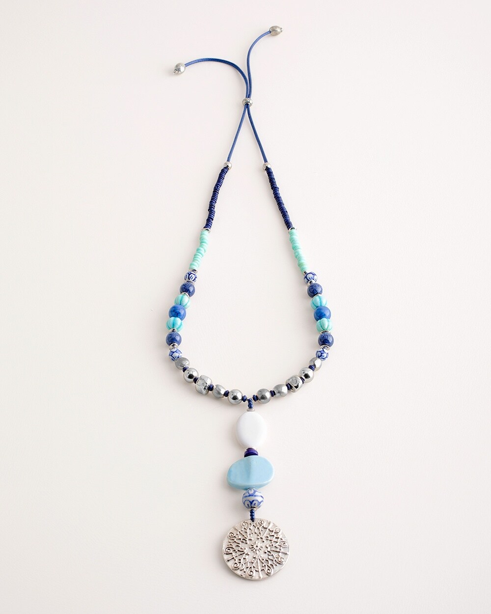 Convertible Blue and White Beaded Pendant Necklace