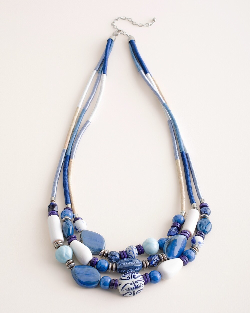 Long Blue and White Beaded Multi-Strand Necklace