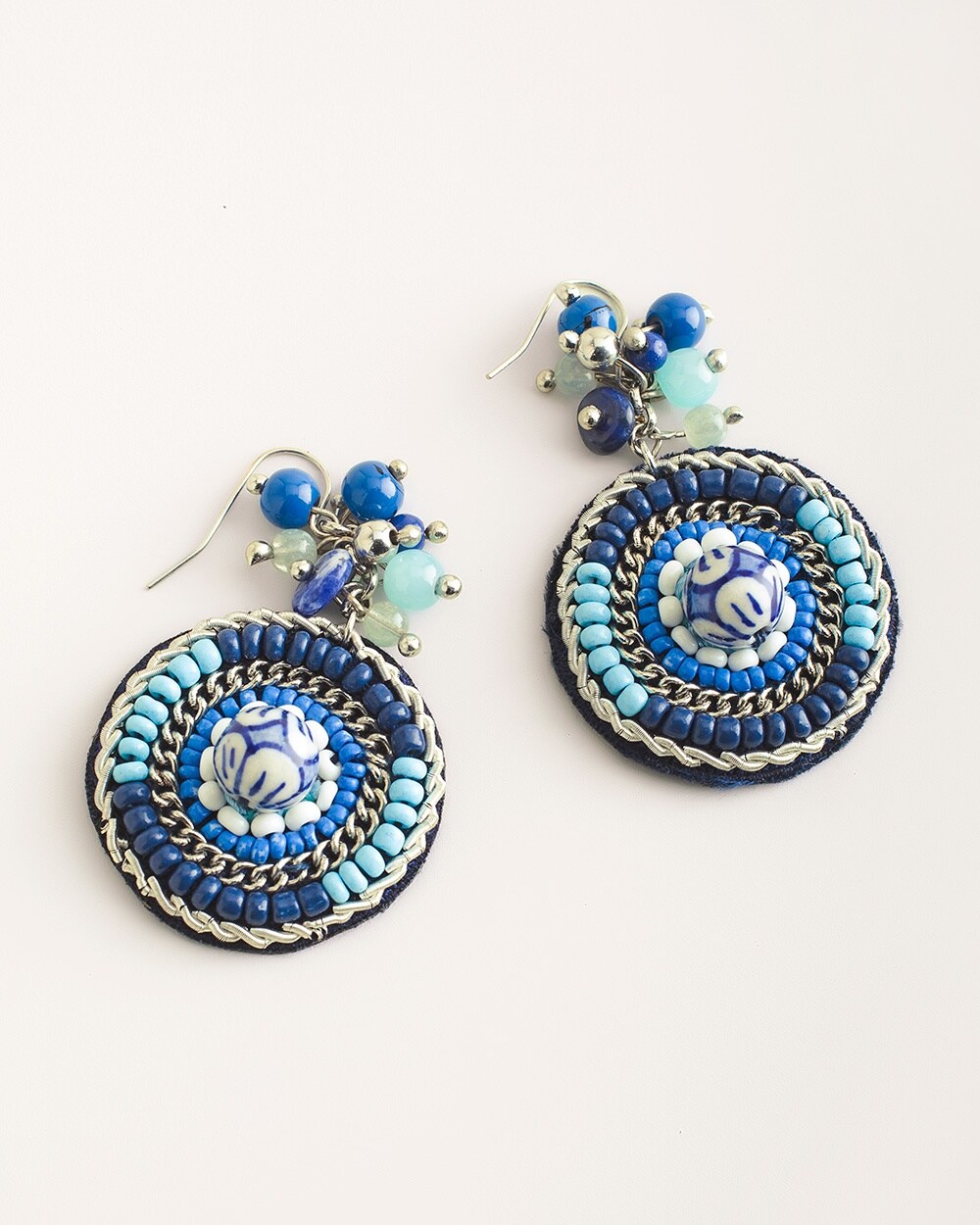 Blue and White Beaded Drop-Hoop Earrings