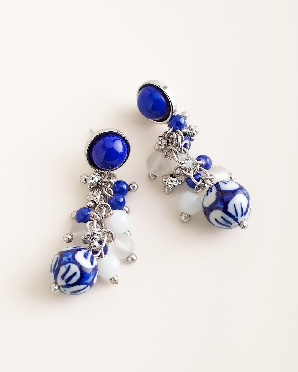 Blue and White Beaded Drop-Cluster Earrings
