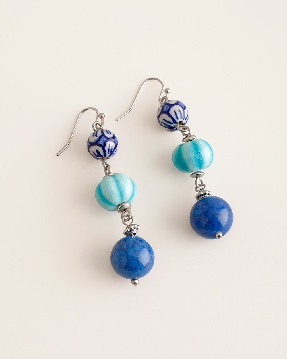 Blue and White Beaded Linear-Drop Earrings