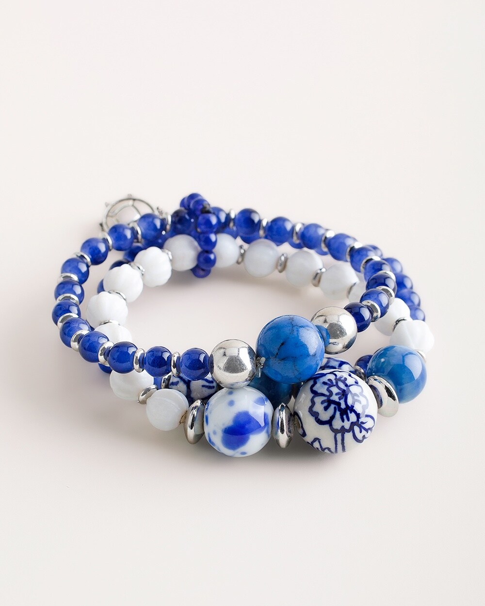 Blue and White Beaded Stretch Bracelet Set