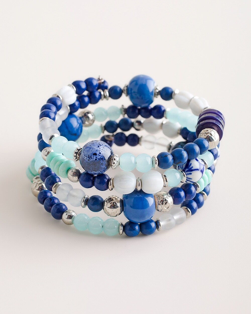 Blue and White Beaded Coil Bracelet
