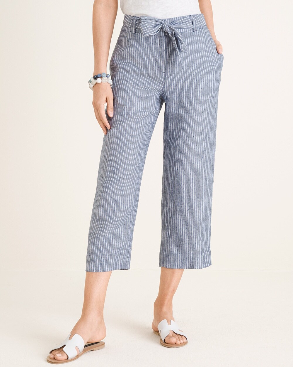 Belted Striped Linen Crops
