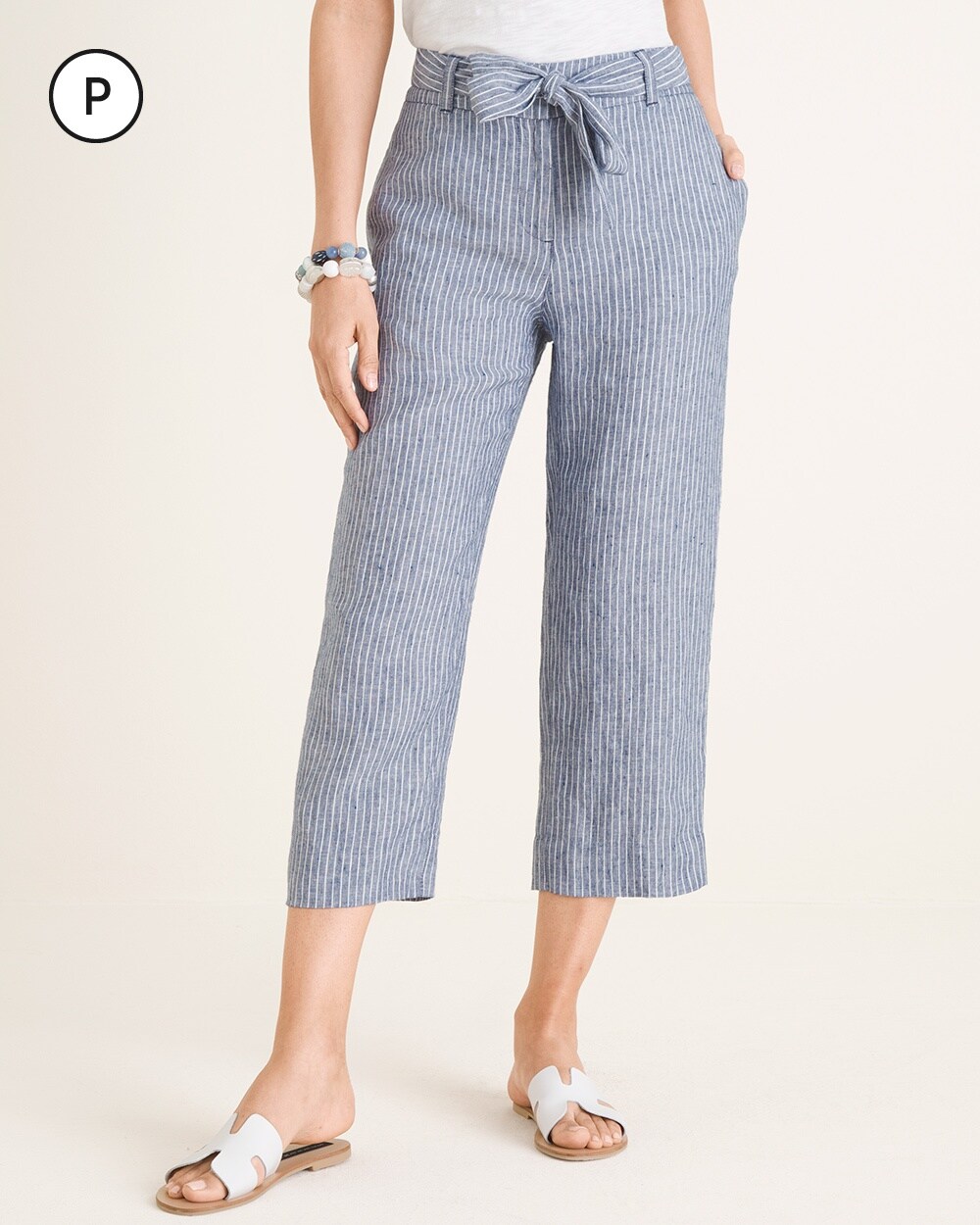 Petite Belted Striped Linen Crops