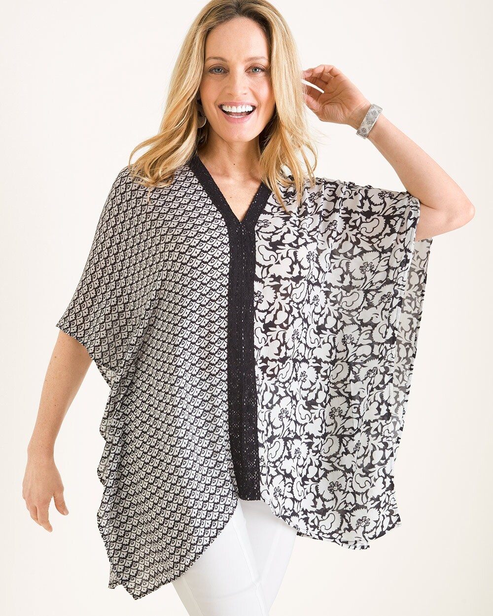 Black-and-White Floral and Geometric-Print Poncho