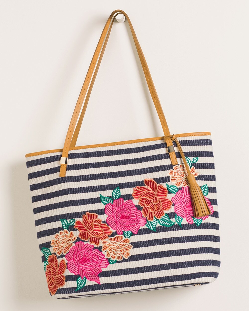 Striped Floral-Embroidered Tote