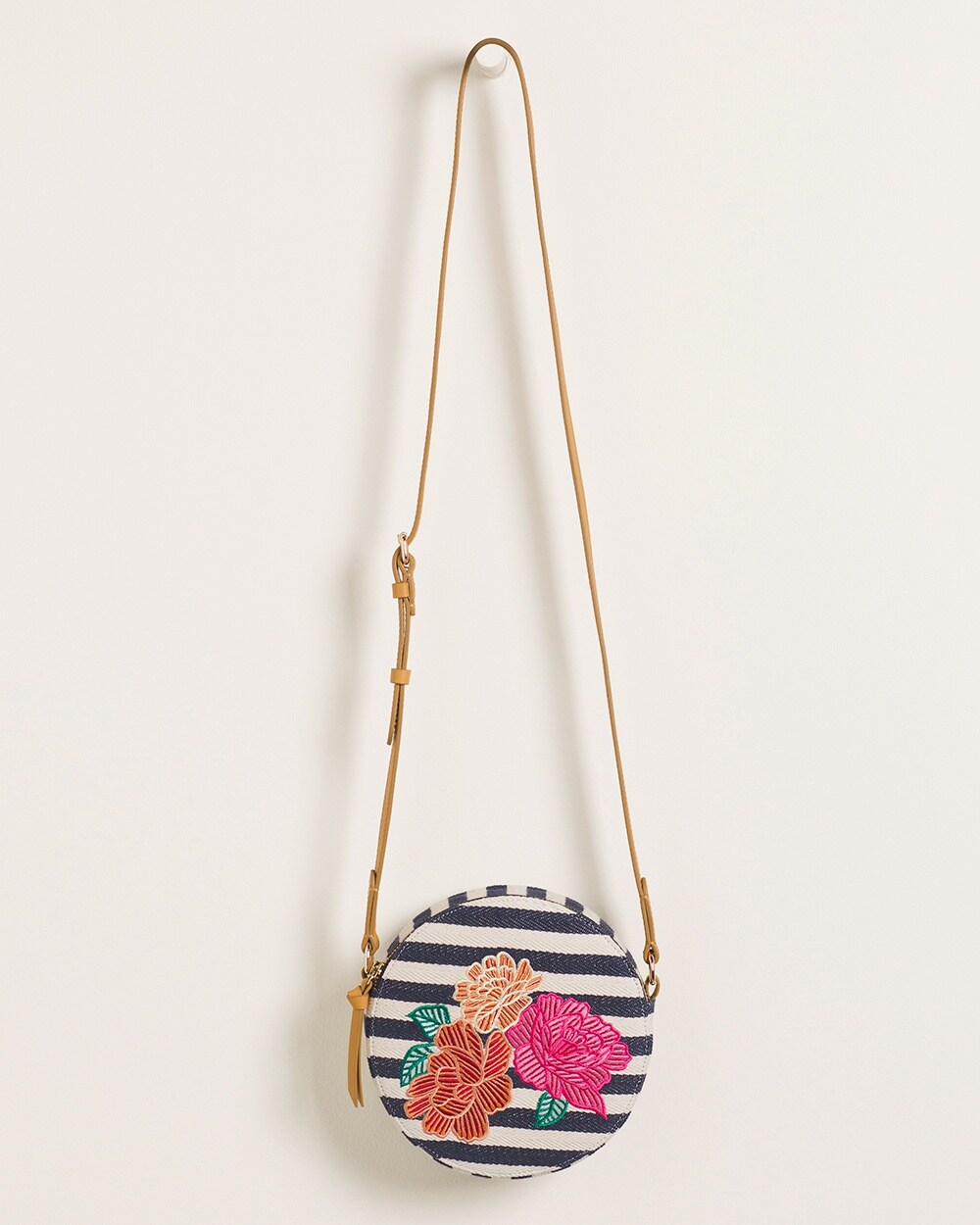 Striped Floral-Embroidered Crossbody Bag