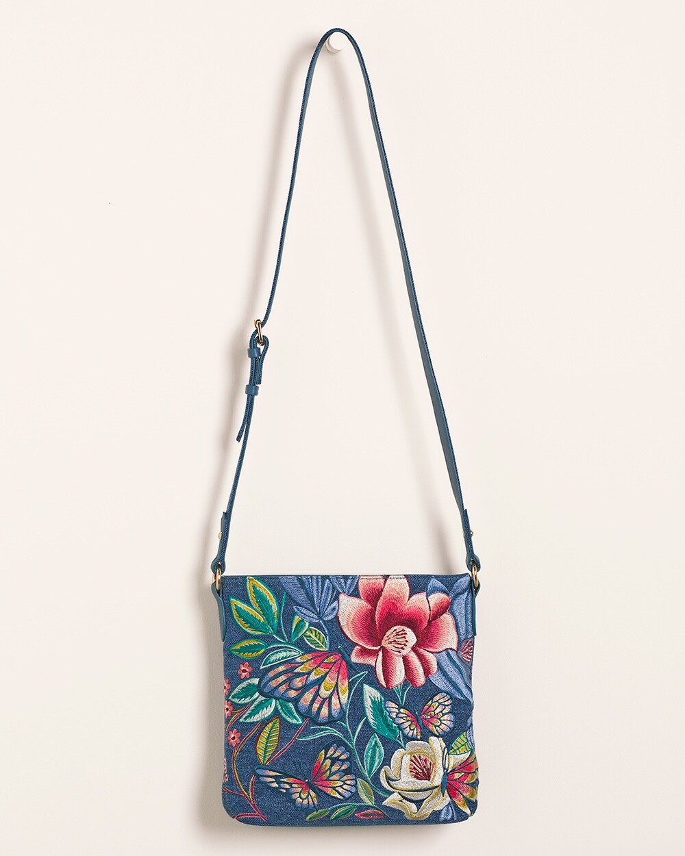 Denim Butterfly Garden-Print Crossbody Bag