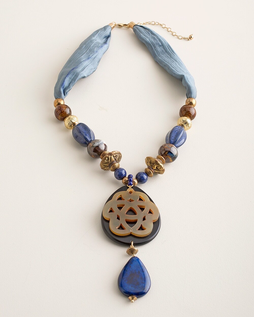 Short Blue and Neutral Pendant Necklace