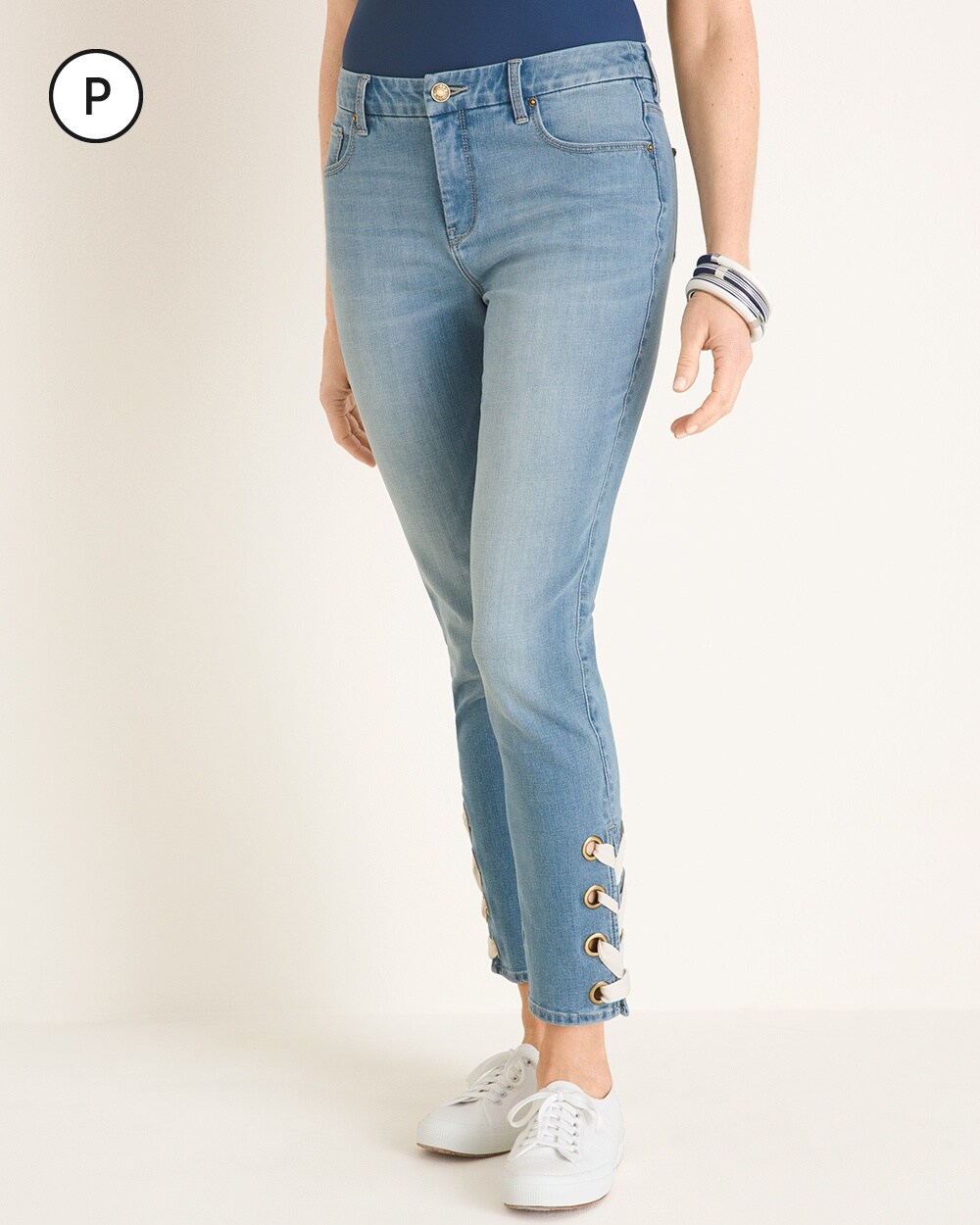 So Slimming Petite Lace-Up Hem Girlfriend Ankle Jeans