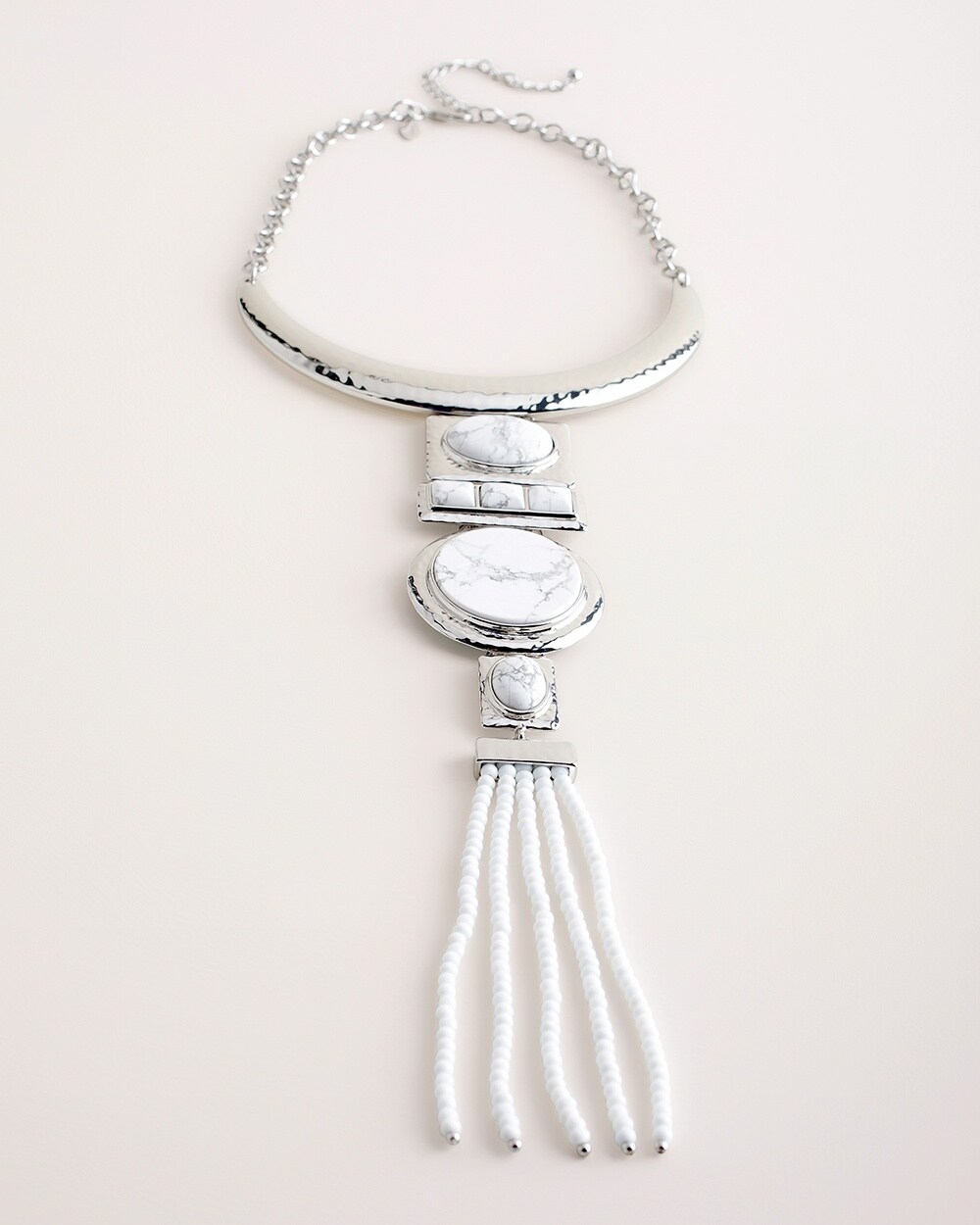 White and Silver-Tone Tassel Bib Necklace