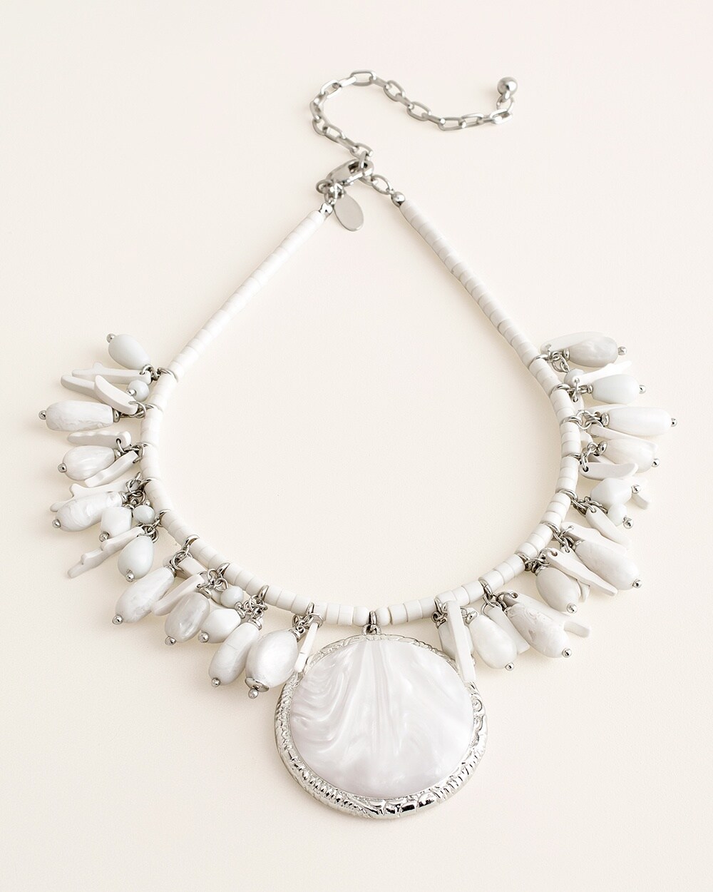 Short White and Silver-Tone Pendant Necklace