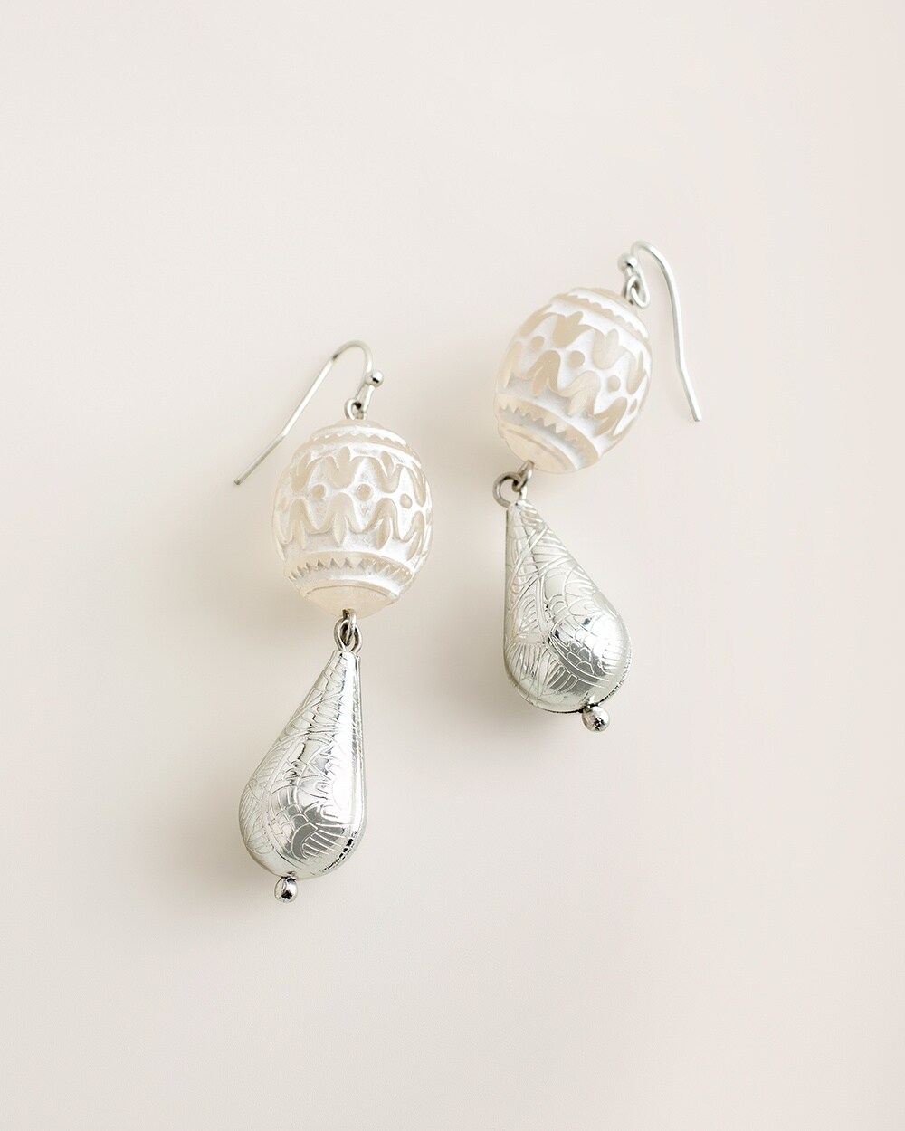 Long White and Silver-Tone Drop Earrings