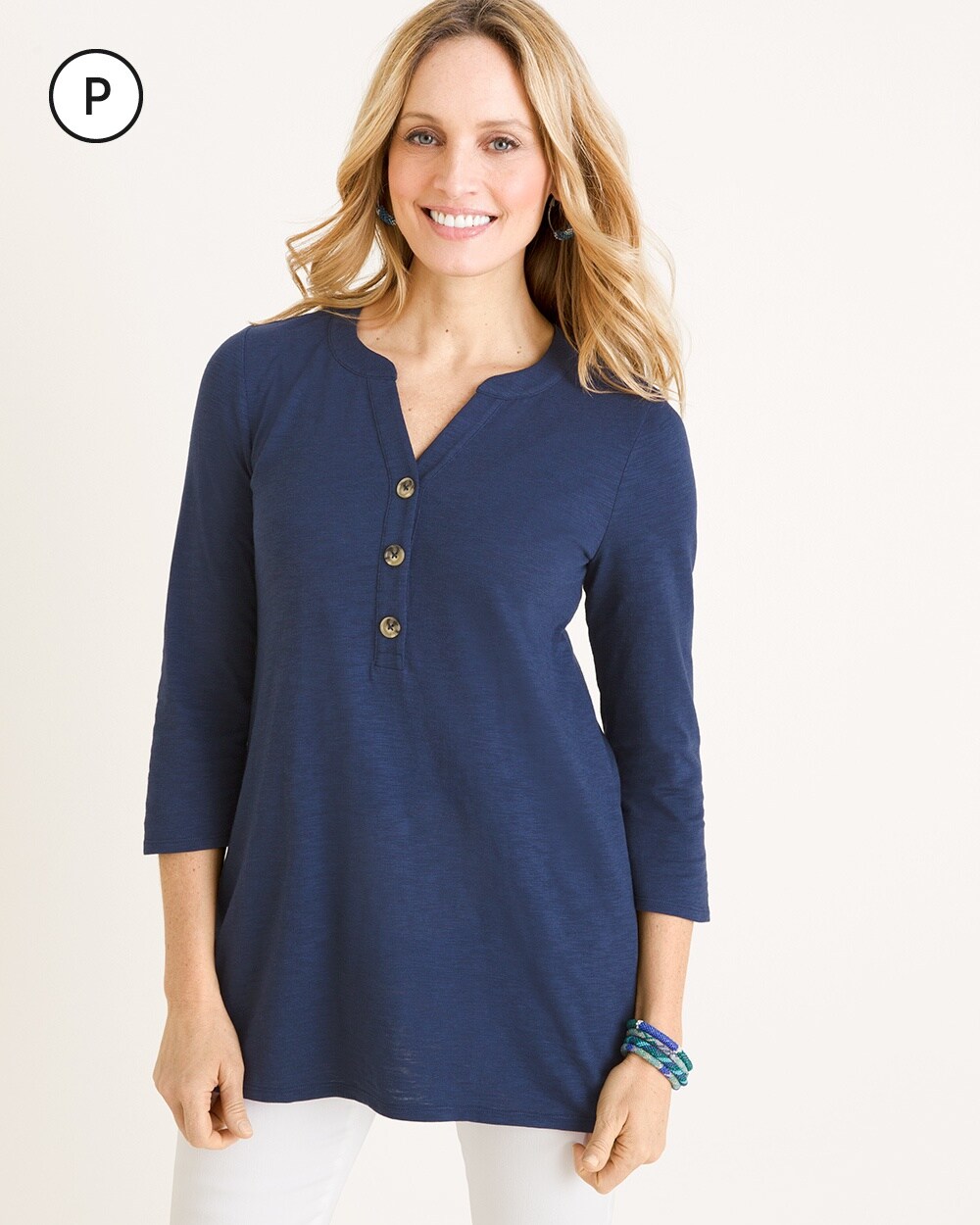 Petite Button-Front 3/4-Sleeve Top