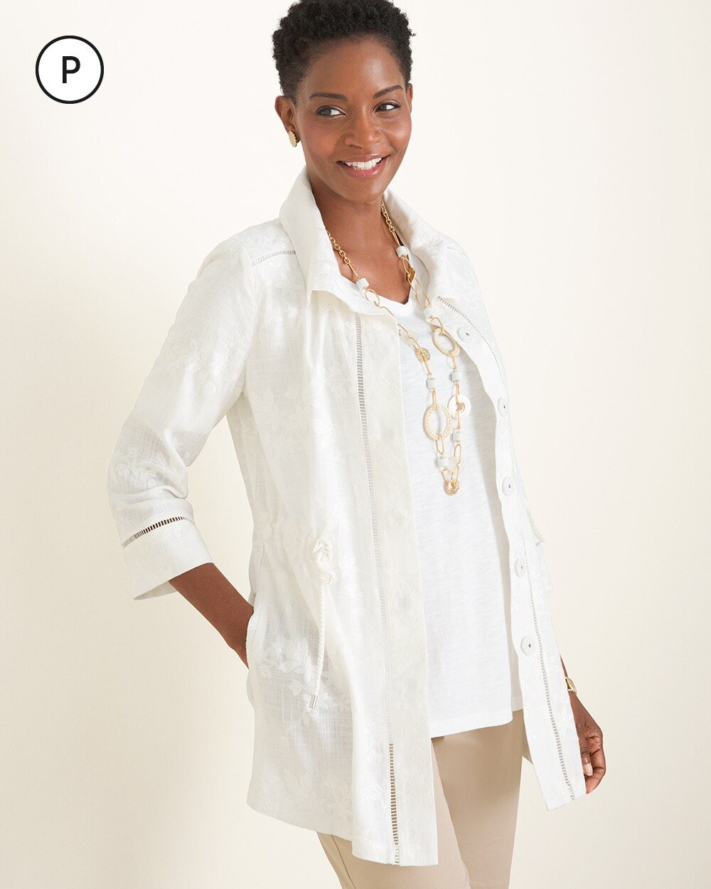 Petite Embroidered Linen Utility Jacket