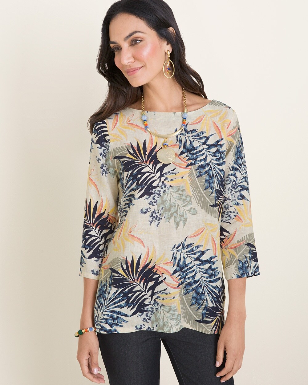 No-Iron Linen Palm-Print Side-Button Pullover