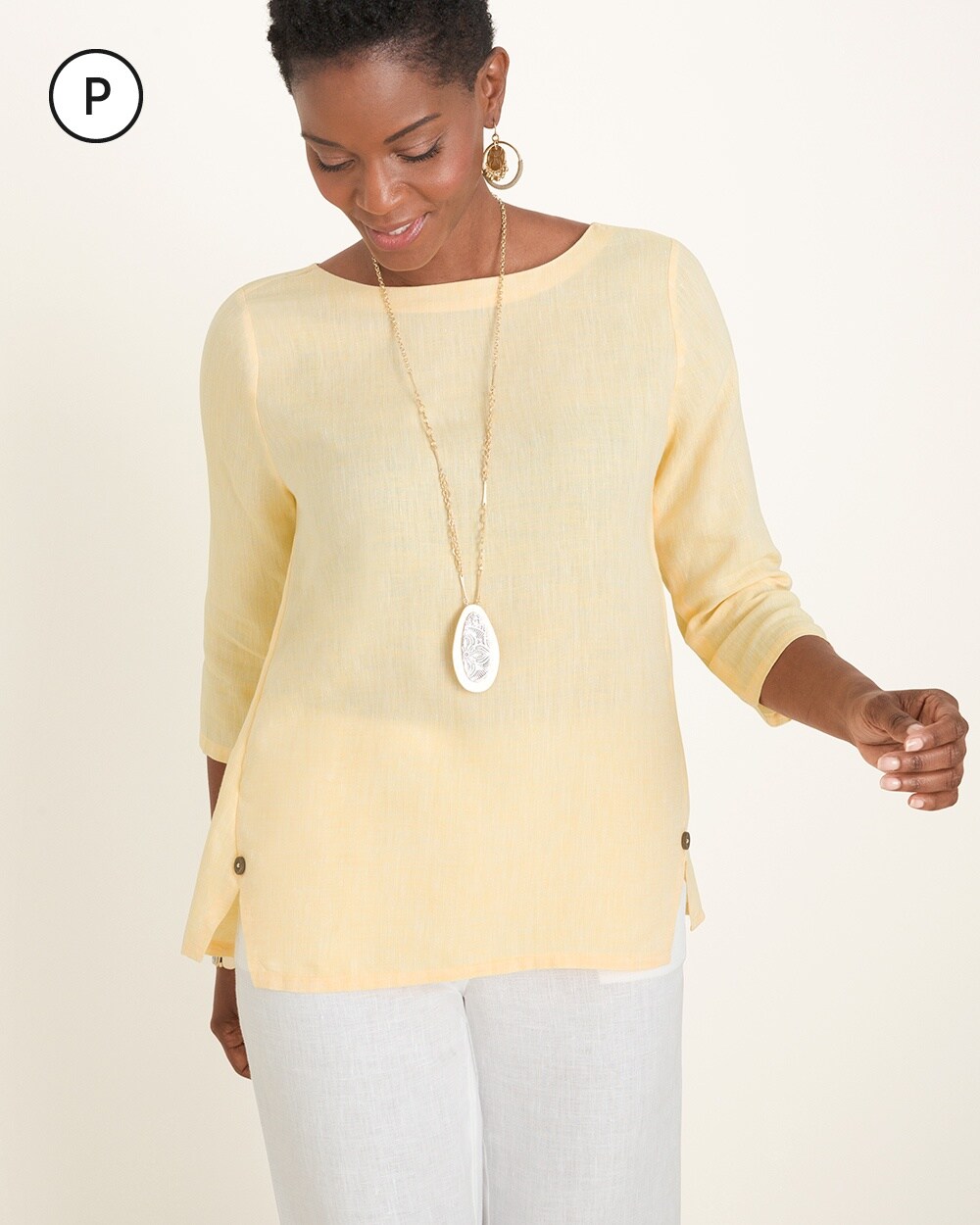No-Iron Petite Linen Notched Button Pullover