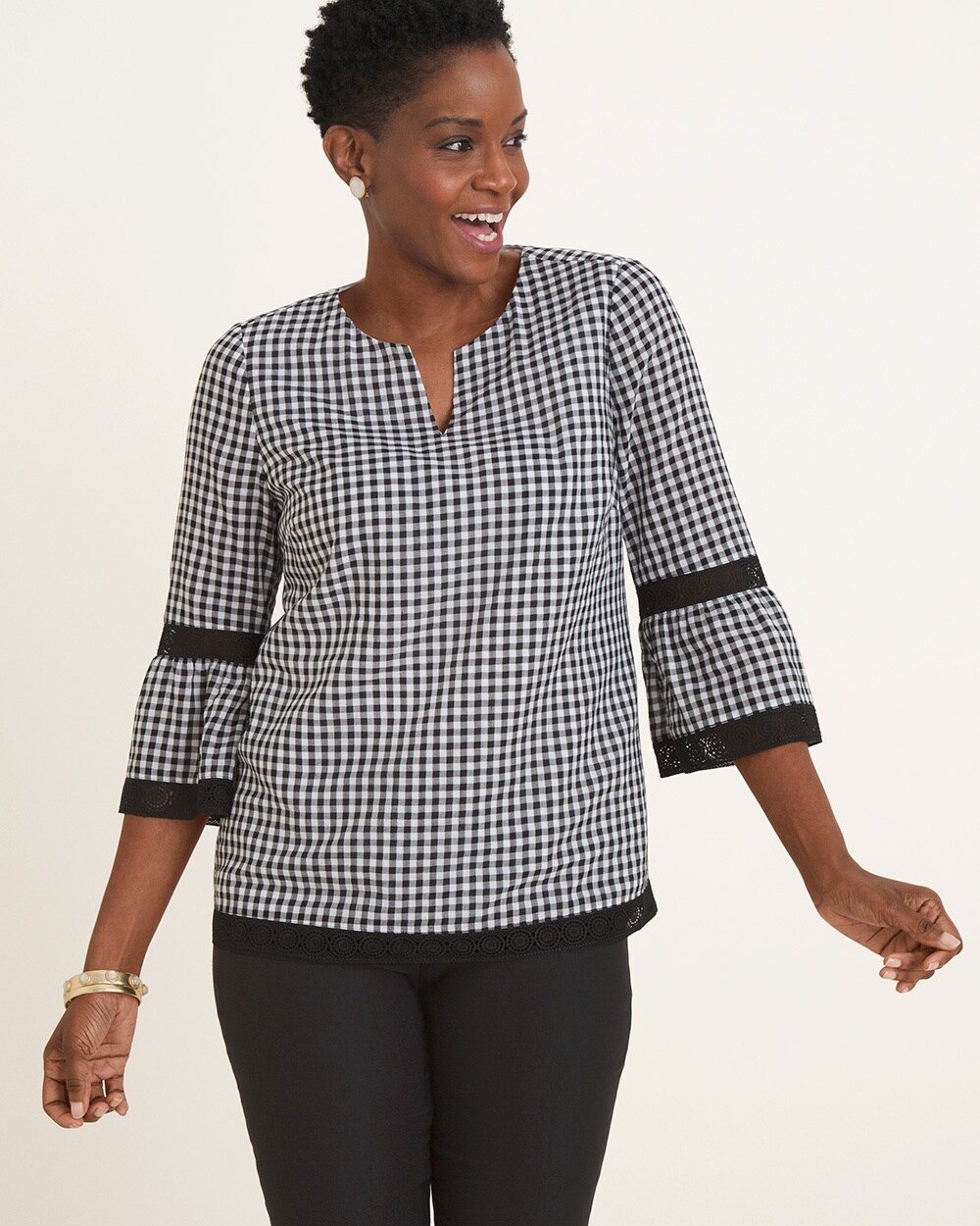 Lace-Trim Gingham Pullover Top
