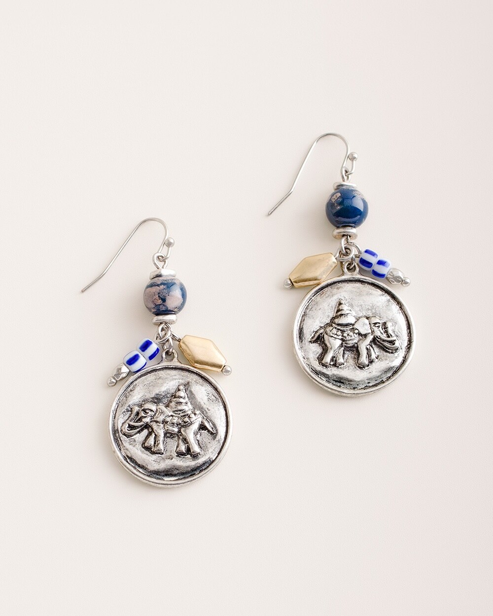 Navy and Silver-Tone Elephant Coin Drop Earrings