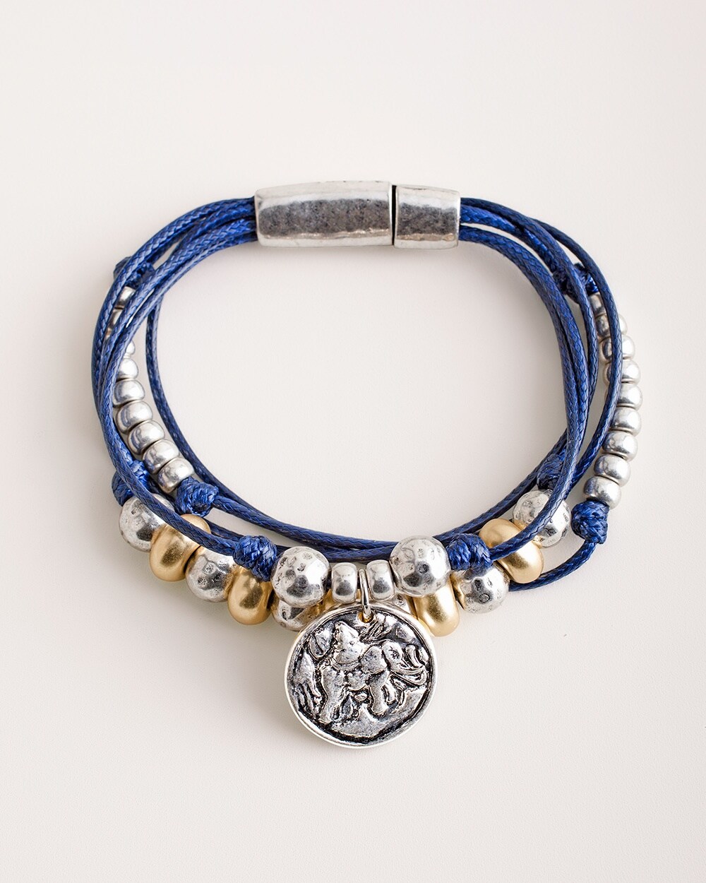Navy and Silver-Tone Elephant Coin Magnetic Bracelet