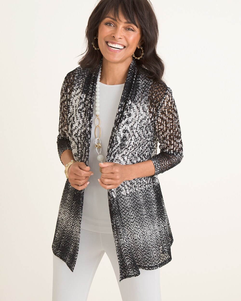 Travelers Collection Black-and-White Printed Cardigan