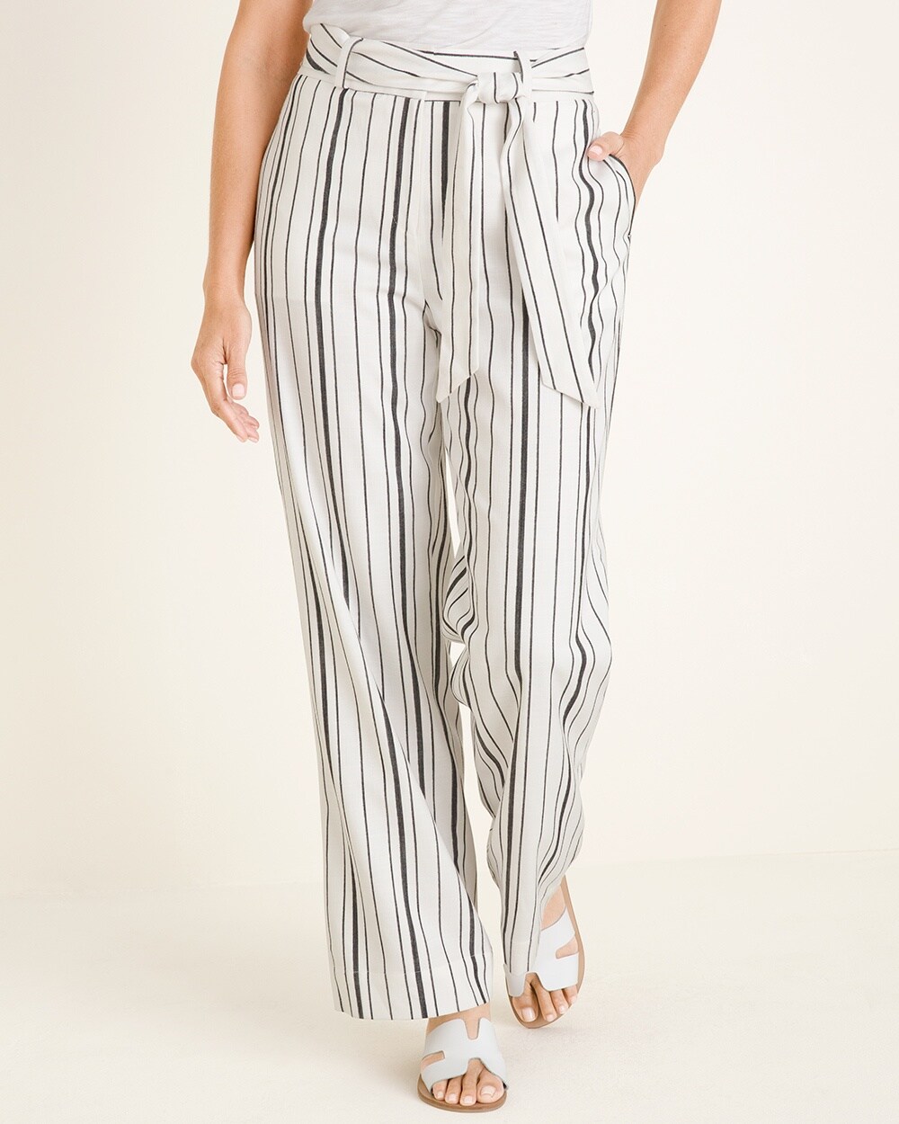 Belted Striped Wide-Leg Pants