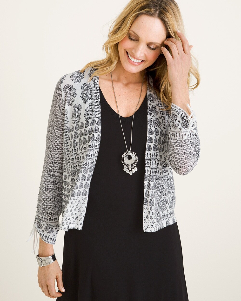 Black and White Printed Ruched-Sleeve Cardigan