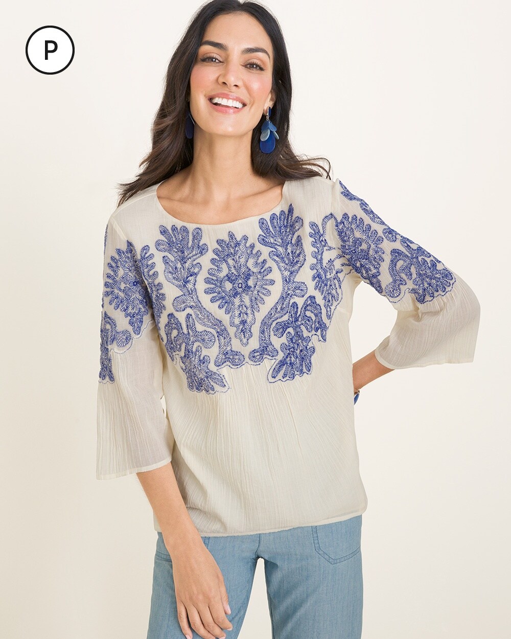 Petite Embroidered Gauze Top