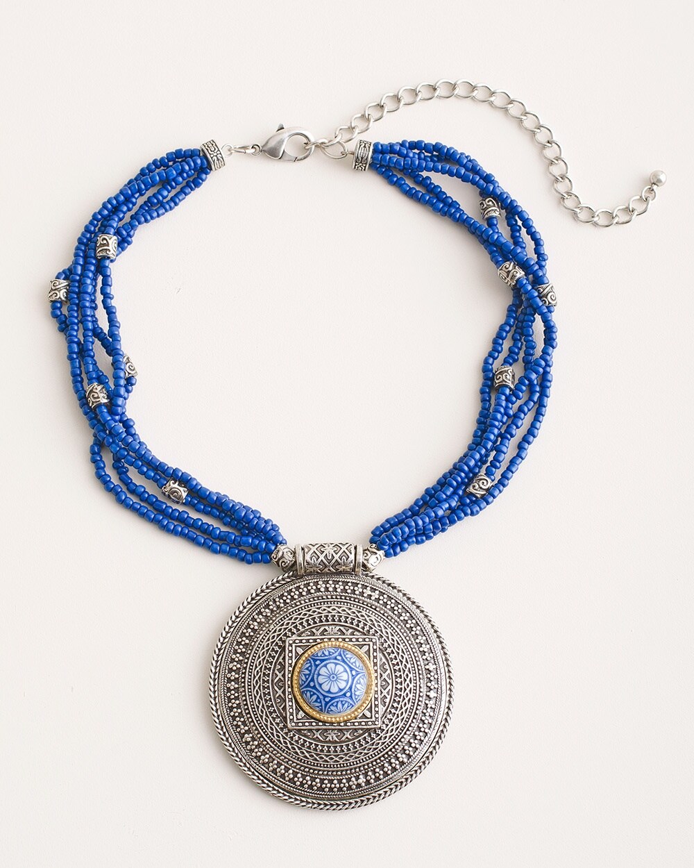 Short Blue Seed Bead Pendant Necklace