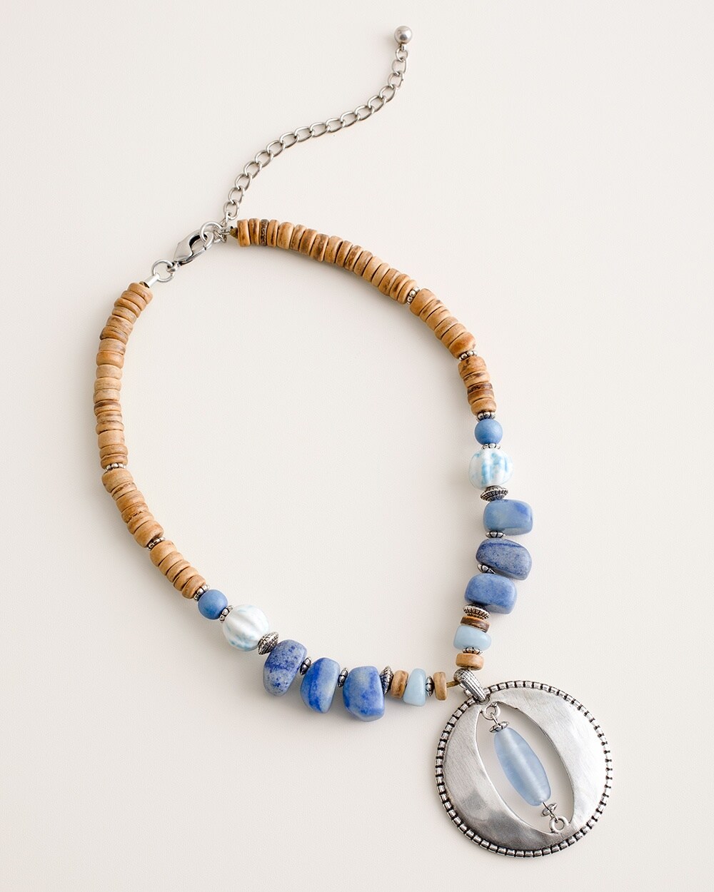 Short Blue and Neutral Pendant Necklace