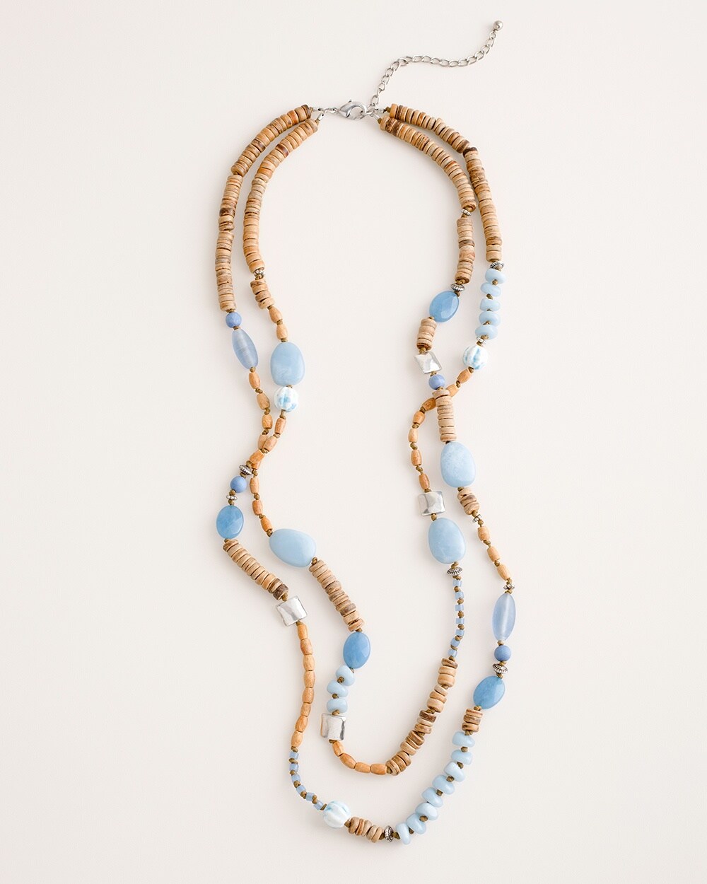 Long Blue and Neutral Multi-Strand Necklace